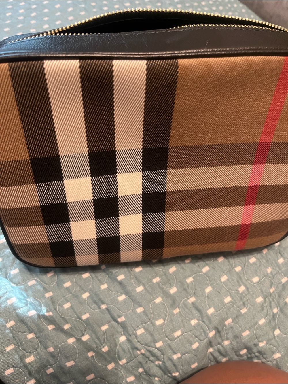 Burberry Checked Toiletry Bag in Tan, Black and Red